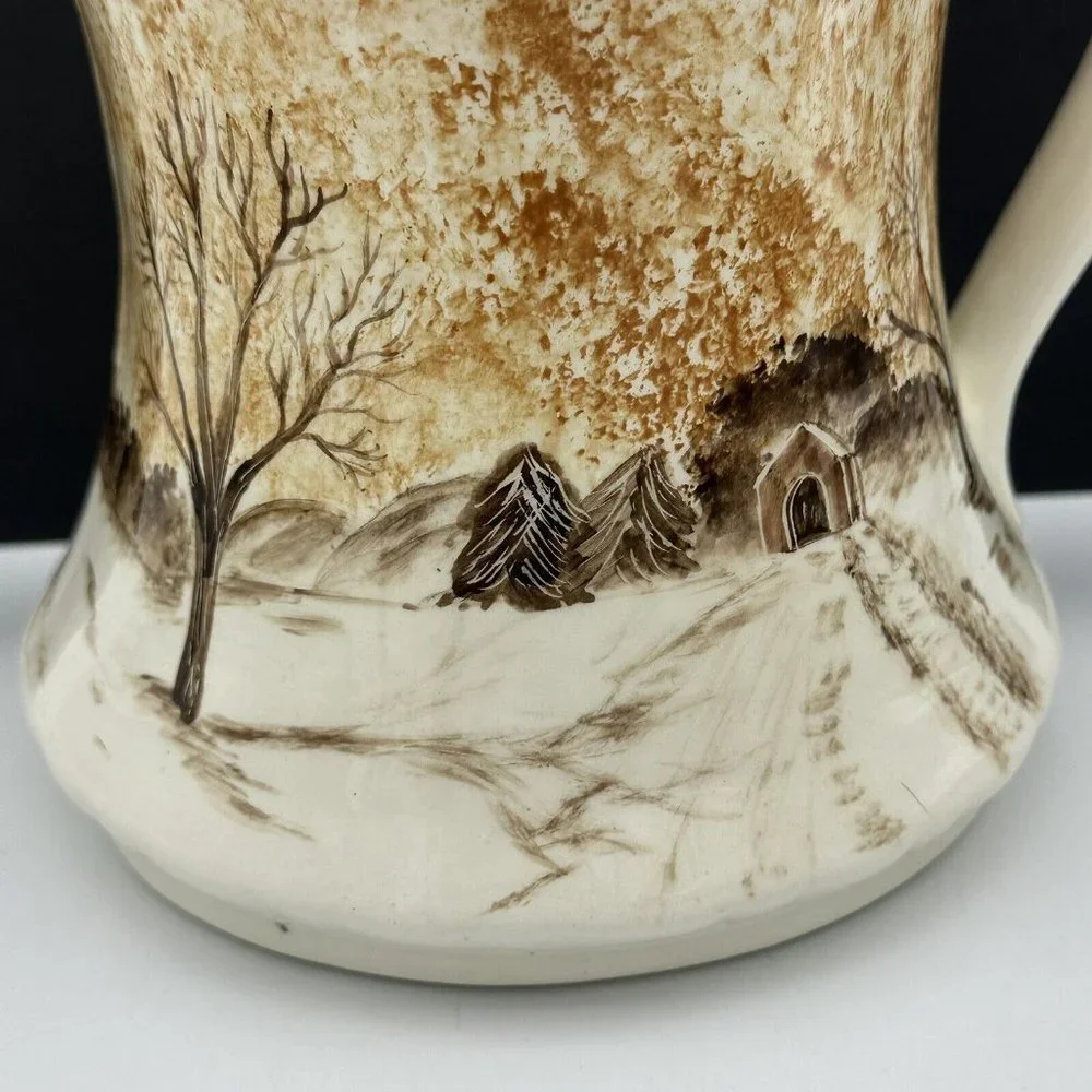 Hand Painted Ceramic‎ Water Pitcher Winter Cabin Barn Windmill SIGNED VTG 1979
